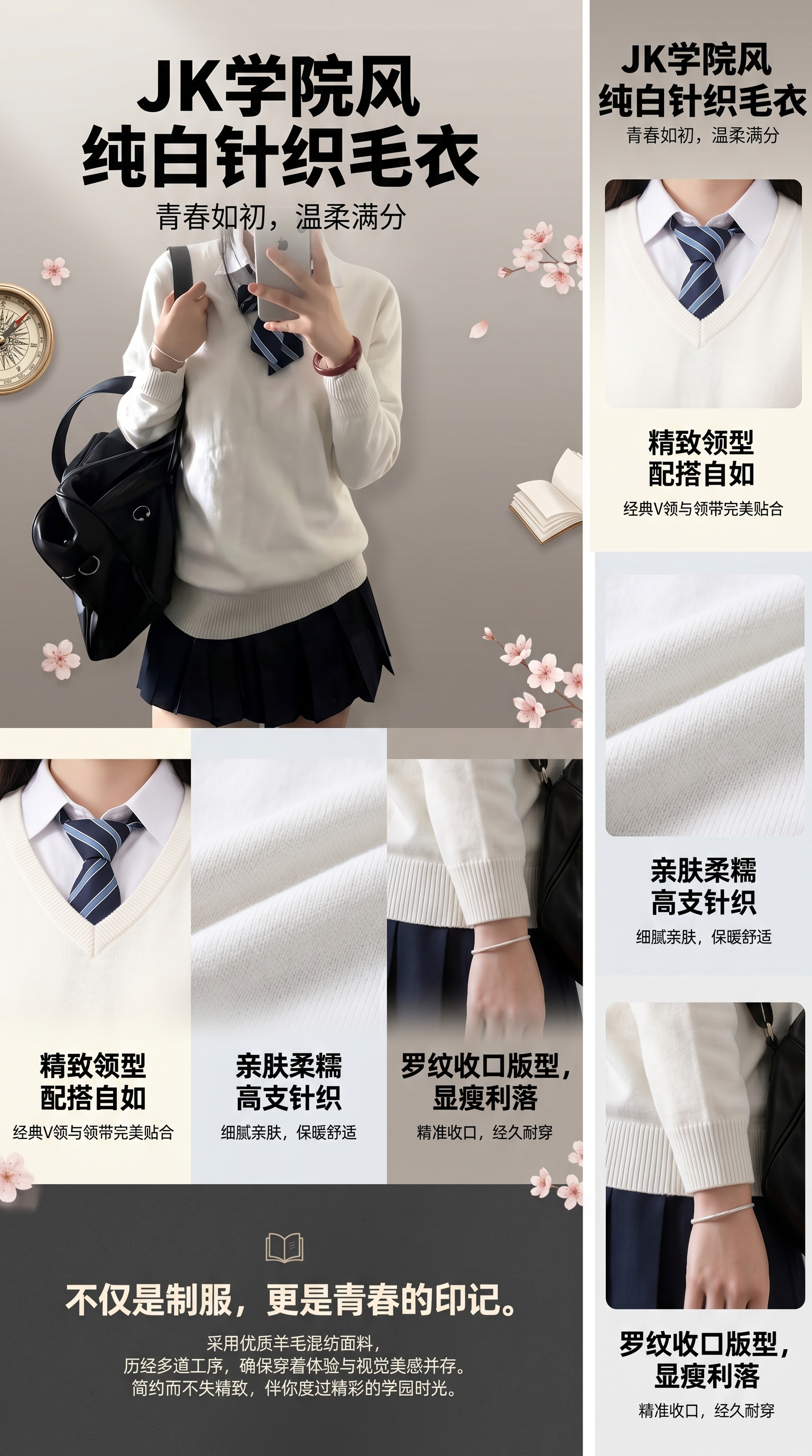 白色针织衫女学院风秋冬新款毛衣v领长袖百搭少女详情1