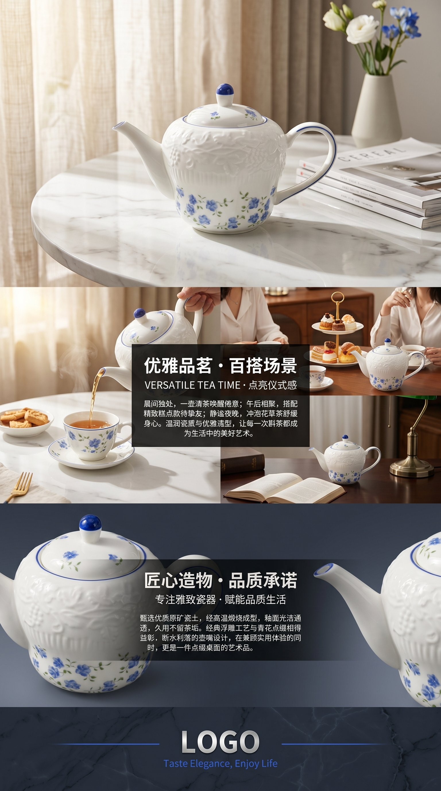 白色带蓝花图案茶壶家用陶瓷泡茶壶保温茶具礼品详情3