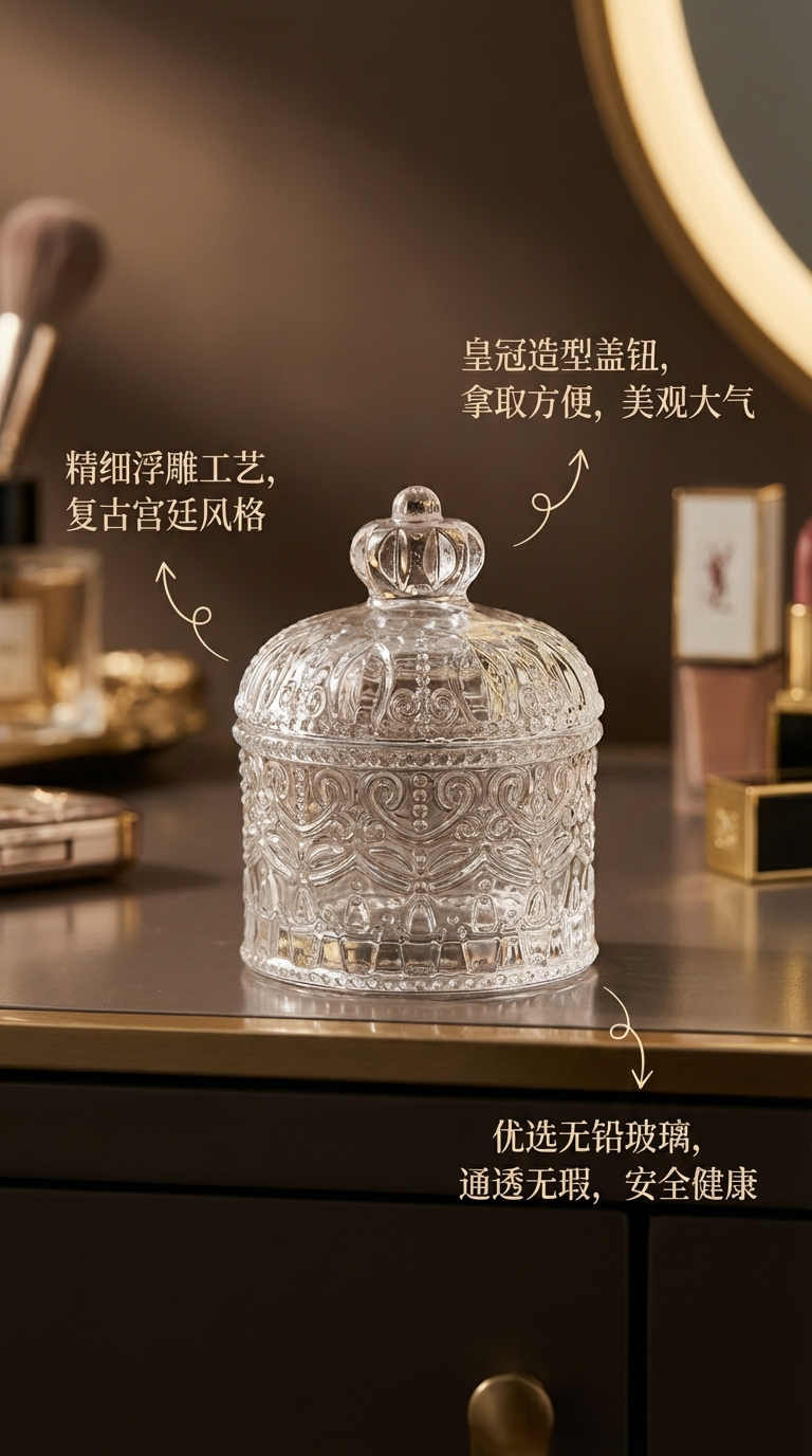 Small crown glass sugar jar with lid, exquisite Ins-style cosmetic storage, ZK decorative item pic 2