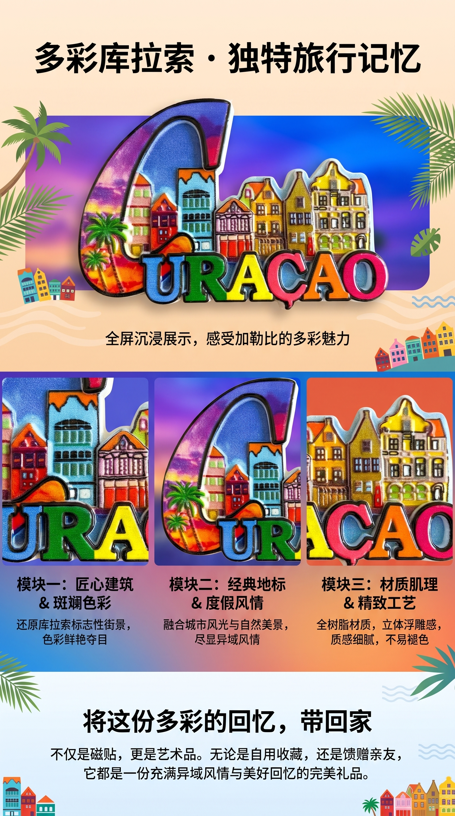 Curacao Island urban landscape color magnetic tile decoration fridge magnet Creative home decor pic 1
