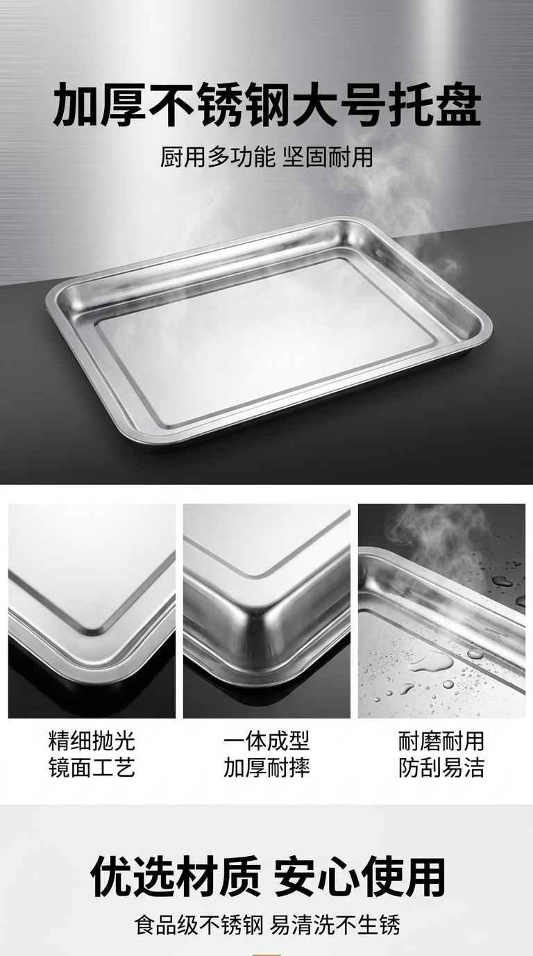 不锈钢金属托盘收纳盘小托盘欧式简约厨房用品40*30*2方盘详情1