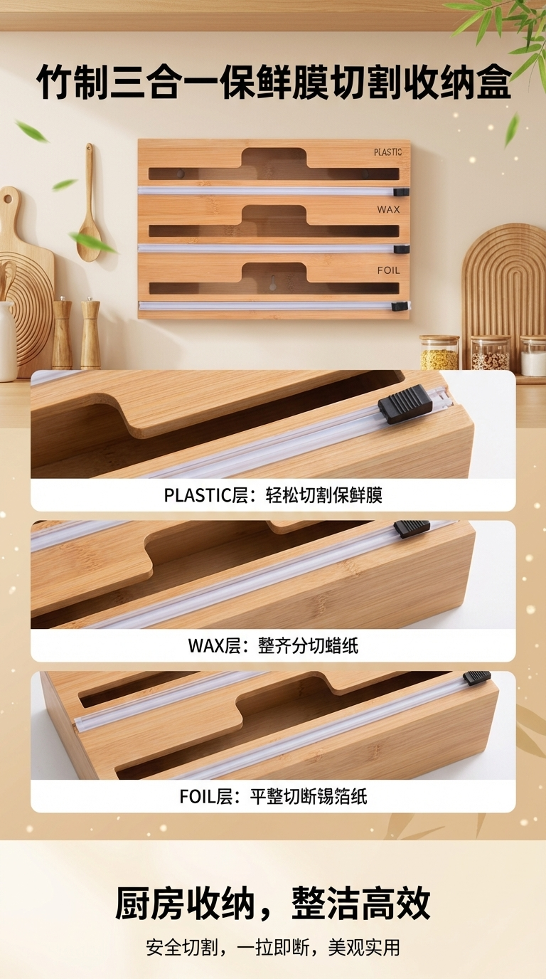Bamboo and wood drawer-type storage box, square cling film cutter, tin foil paper sheepskin roll cutter, bamboo storage box pic 1