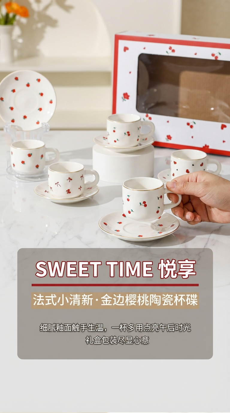 小清新陶瓷杯碟套装节庆款会议杯创意陶瓷杯子家用办公用品详情1