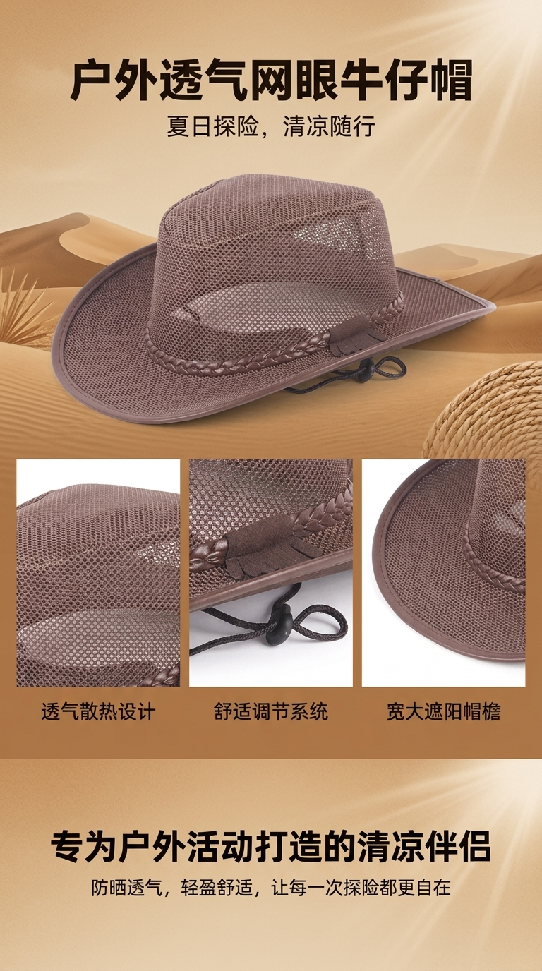 棕色网眼材质帽子透气舒适防紫外线防晒帽详情1