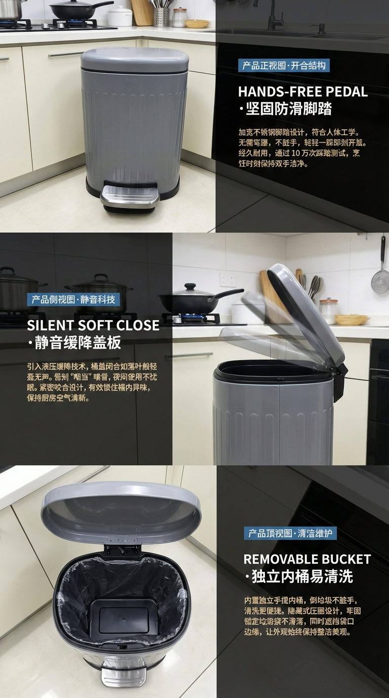 不锈钢垃圾桶带盖文创收纳桶家用厨房用品详情2