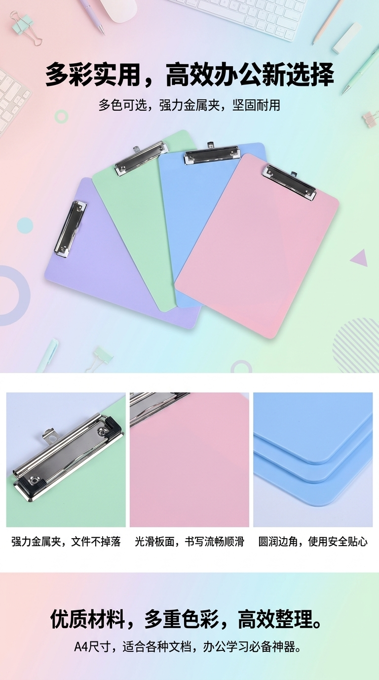 跨境专供A4加厚马卡龙文件挂钩夹写字平夹板档案夹文件夹可印LOGO详情1