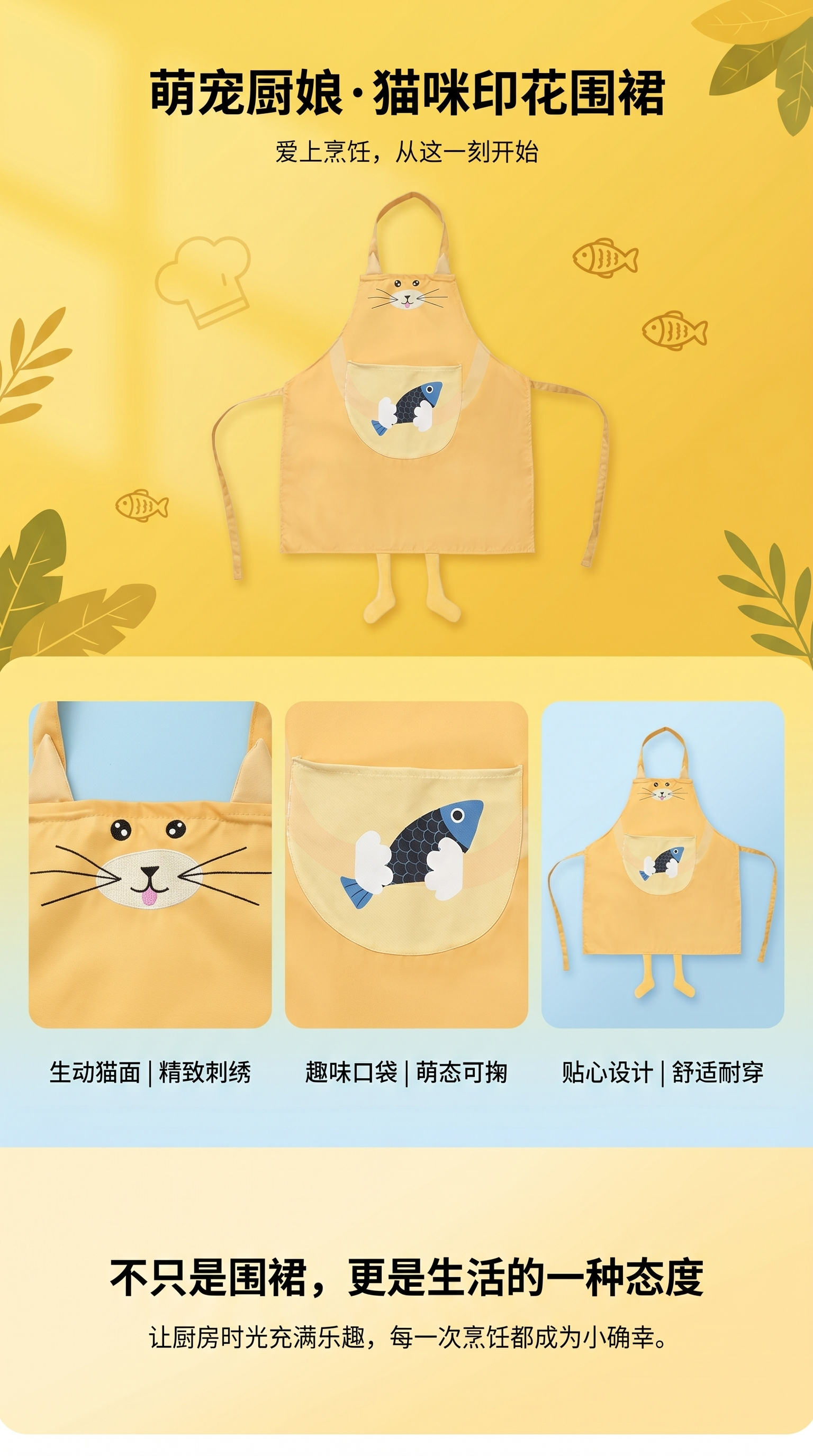 黄色猫咪图案家务围裙防晒冰丝咖啡牛仔纹身详情1
