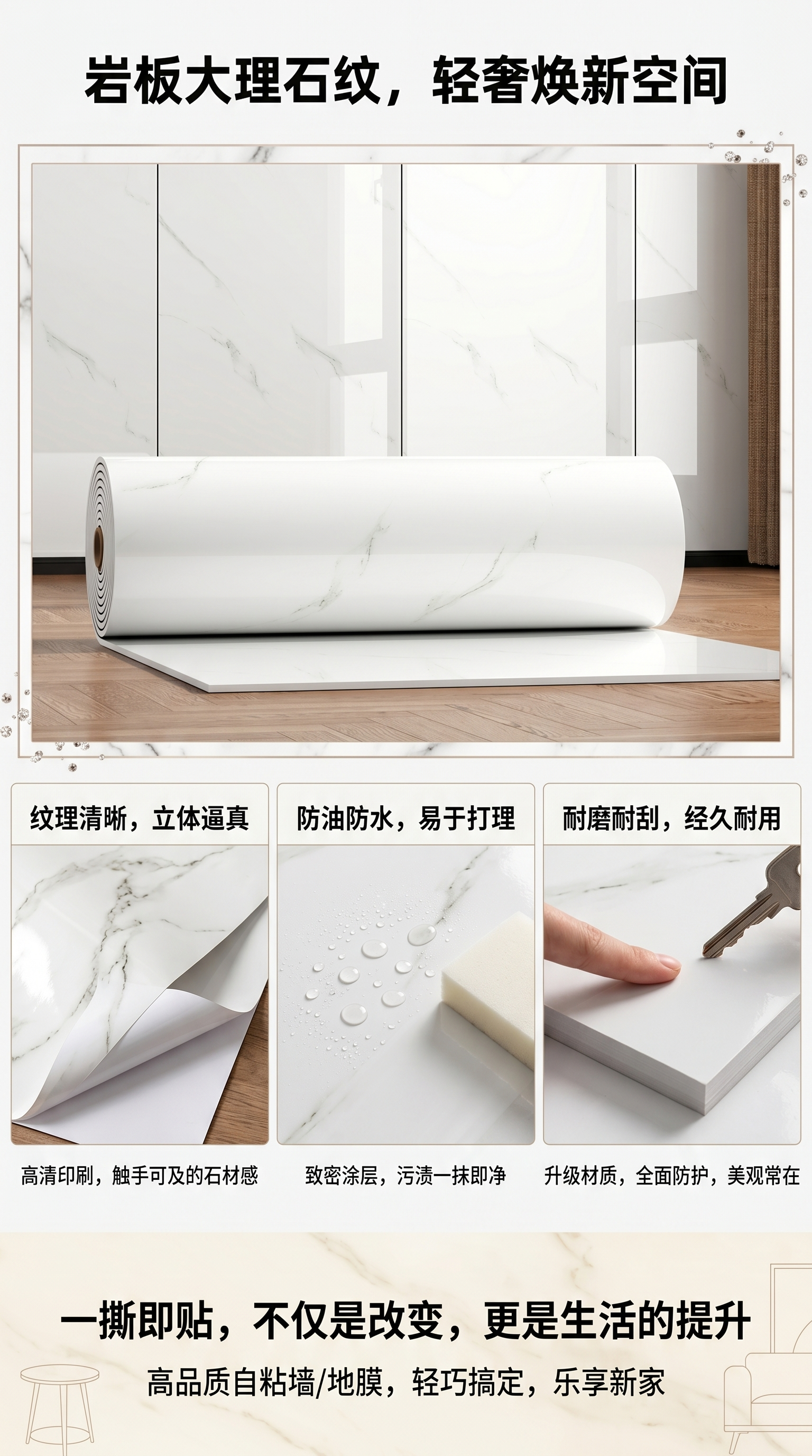 大理石纹理卷状贴纸 装饰墙纸自粘防水可移除家居DIY详情1