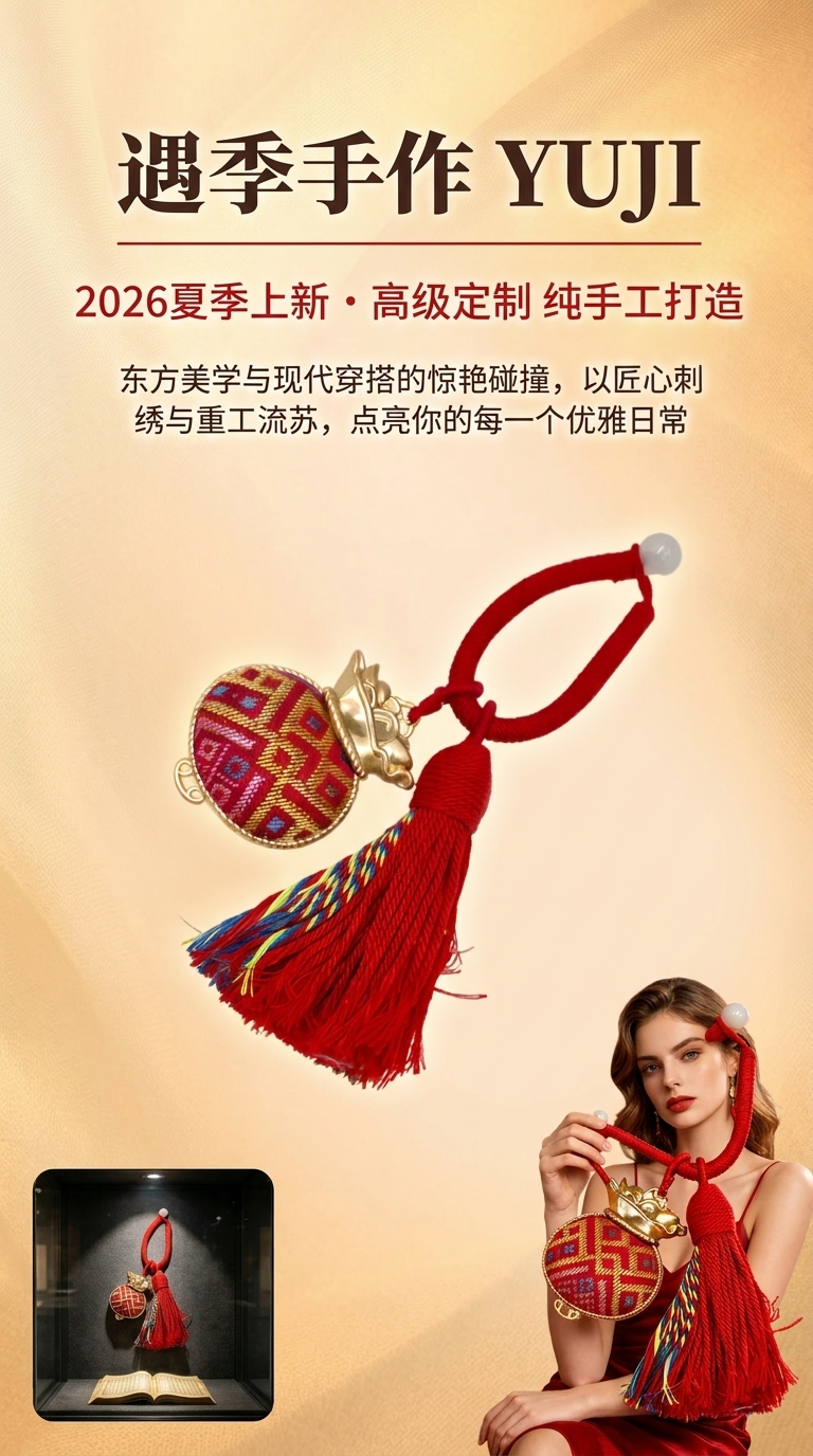 非遗壮锦红纹福袋挂件 新中式民族风喜庆流苏挂饰详情1