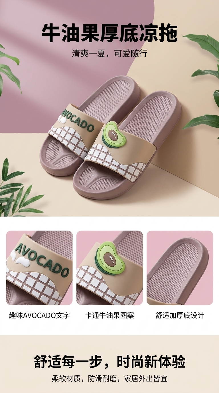 Cute avocado patterned soft-soled slippers, comfortable and anti-slip home slippers pic 1