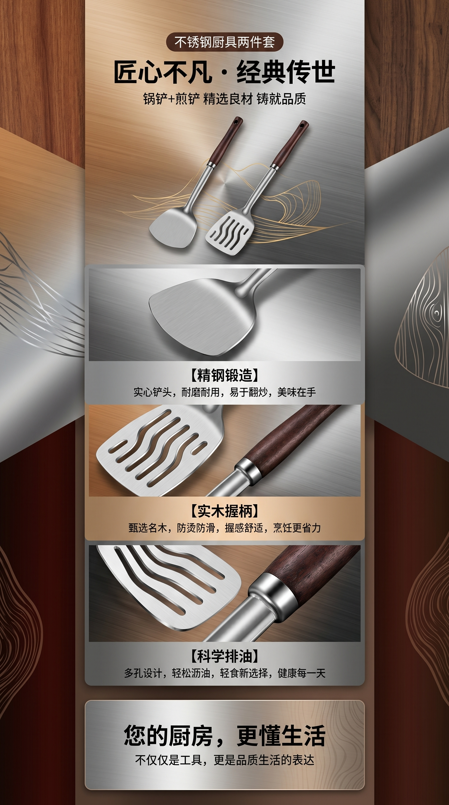 不锈钢厨具两件套 锅铲煎铲套装 耐用防刮厨房用具详情1