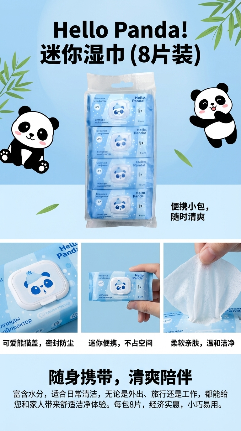 comsoft品牌Hello Panda!迷你湿巾八连包便捷式清爽熊猫迷你湿巾详情1