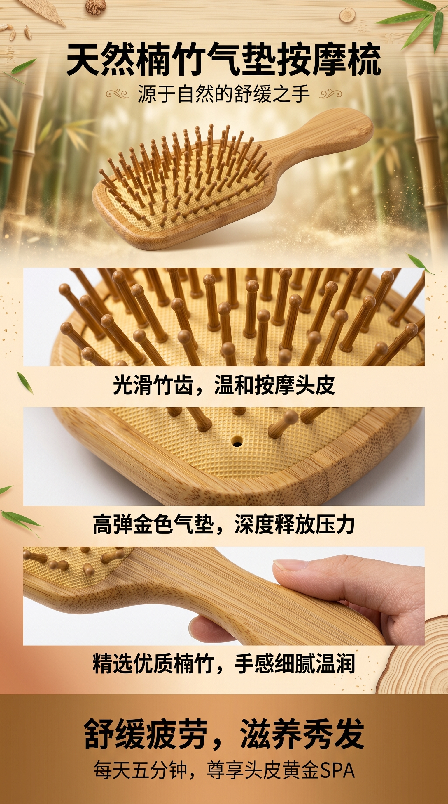 Natural material Nan bamboo air cushion massage comb, wooden comb, anti-static smooth comb, large-toothed comb pic 1