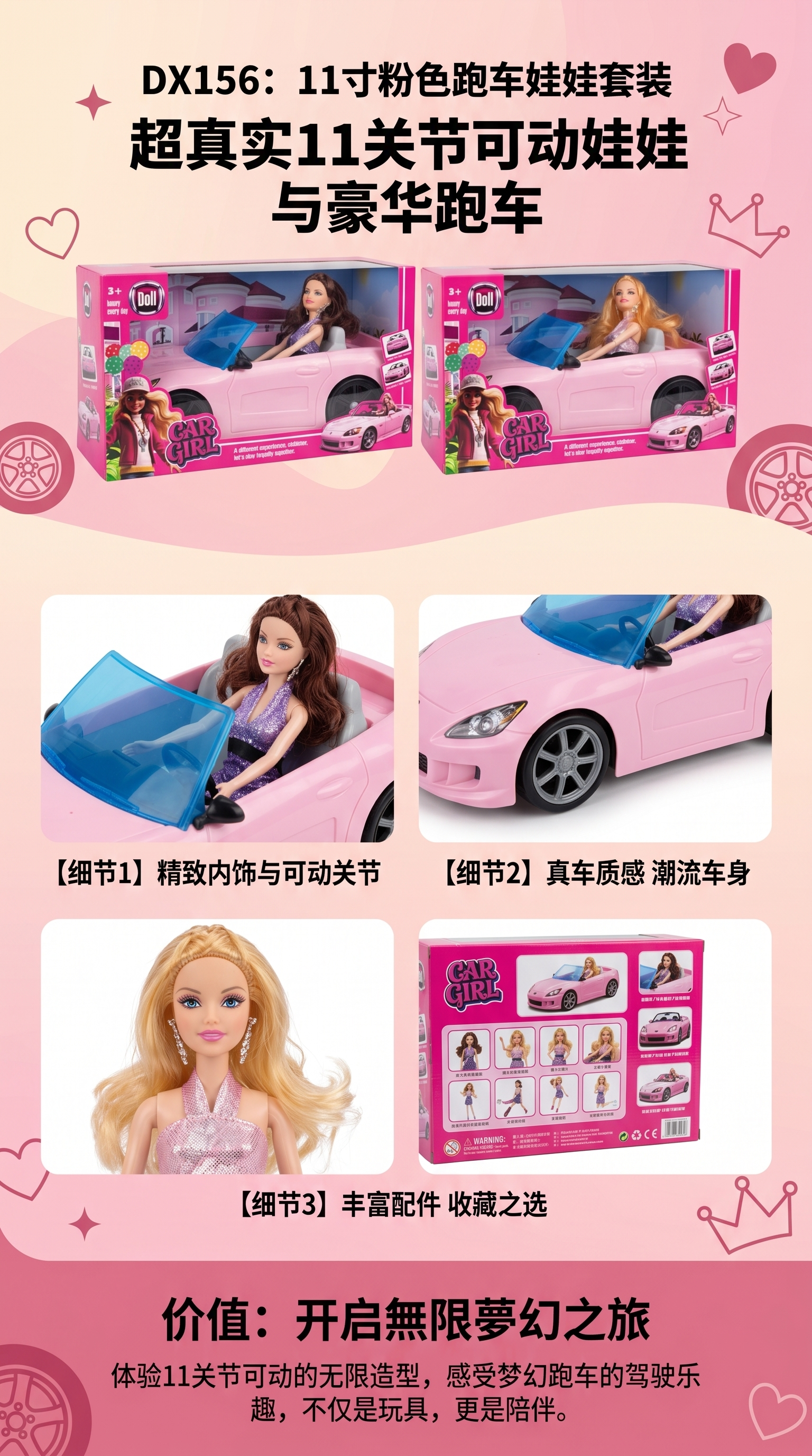 The car girl doll set includes a variety of accessories that can be changed pic 1