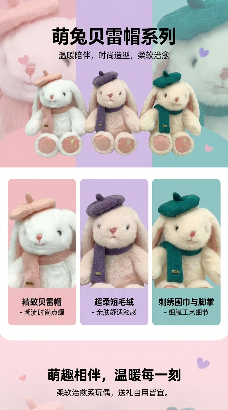 可爱毛绒帽子兔子毛绒公仔娃娃玩偶毛绒玩具可爱柔软详情1