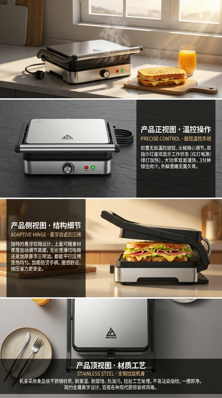 爆款双面加热三明治机煎烤器可拆卸盘早餐机华夫饼机三文治帕尼机详情2