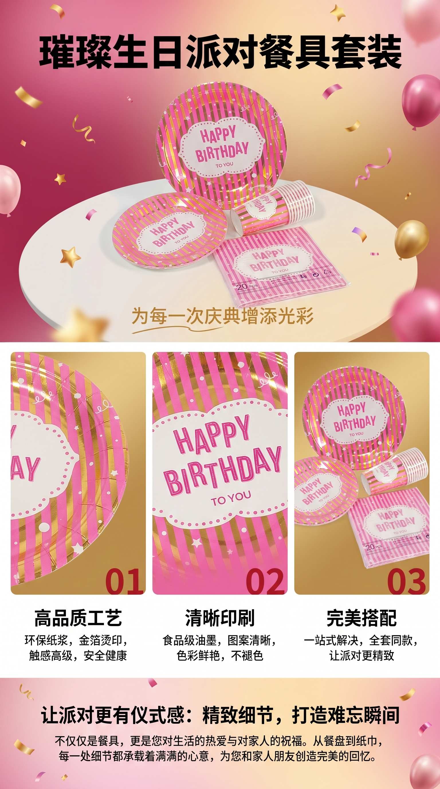 工厂批发亚马逊热销条纹烫金生日系列一次性派对纸盘套装纸杯纸巾9in纸盘10pcs详情1