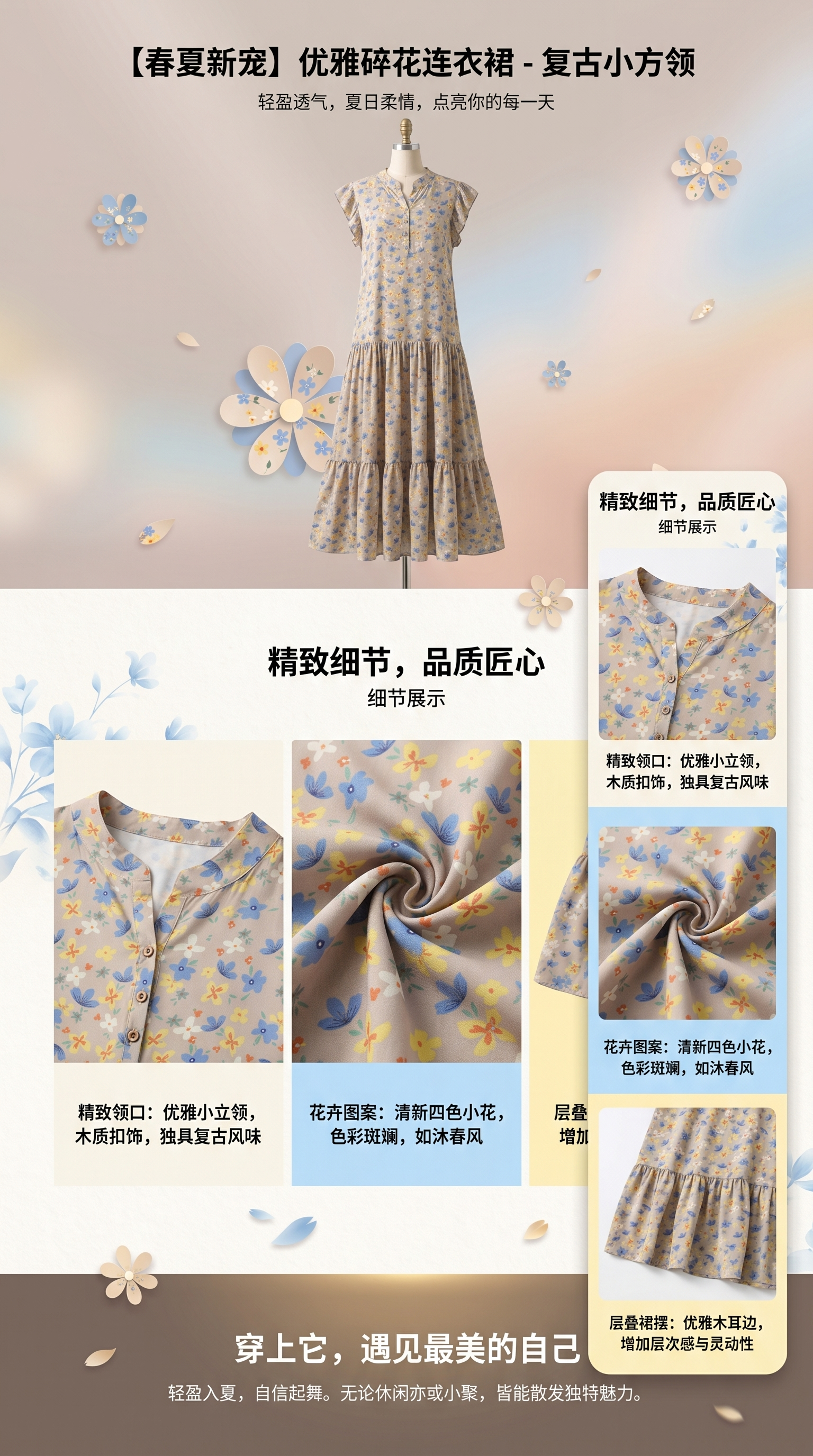 花卉图案印花连衣裙女夏季碎花长裙显瘦修身连衣裙详情1
