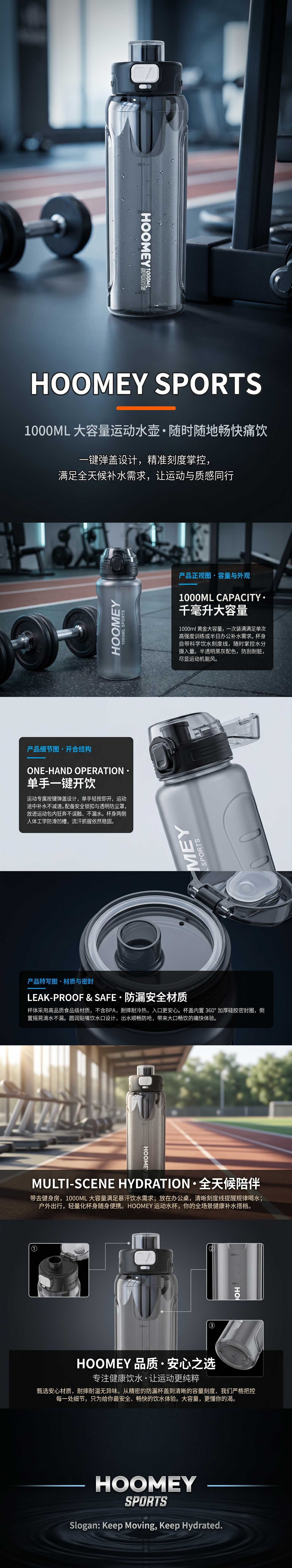 sports water bottle 1000ML portable leak-proof large capacity drinking cup pic 1