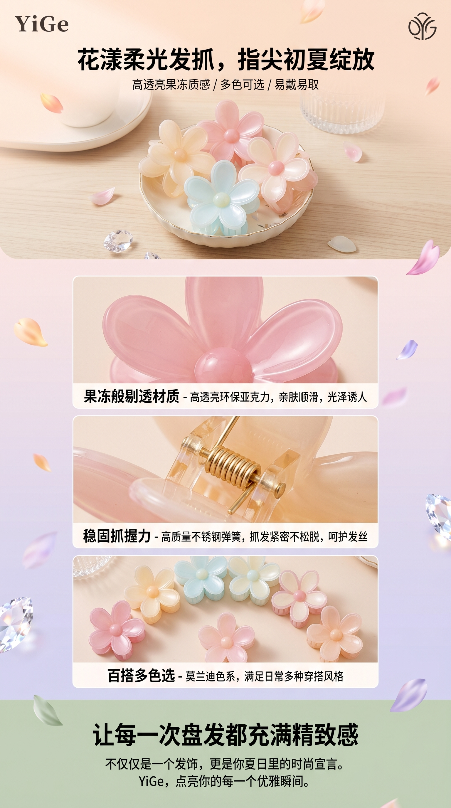 YiGe六色花朵造型发夹 淡黄浅蓝粉红橙色五瓣花醋酸抓夹详情1