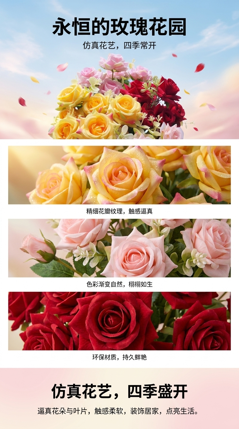 仿真玫瑰花束廠家直銷7頭小卷邊包裹玫瑰塑料花假花絹花人造花婚慶室內外DIY裝飾花拍攝道具現貨補柜詳情1