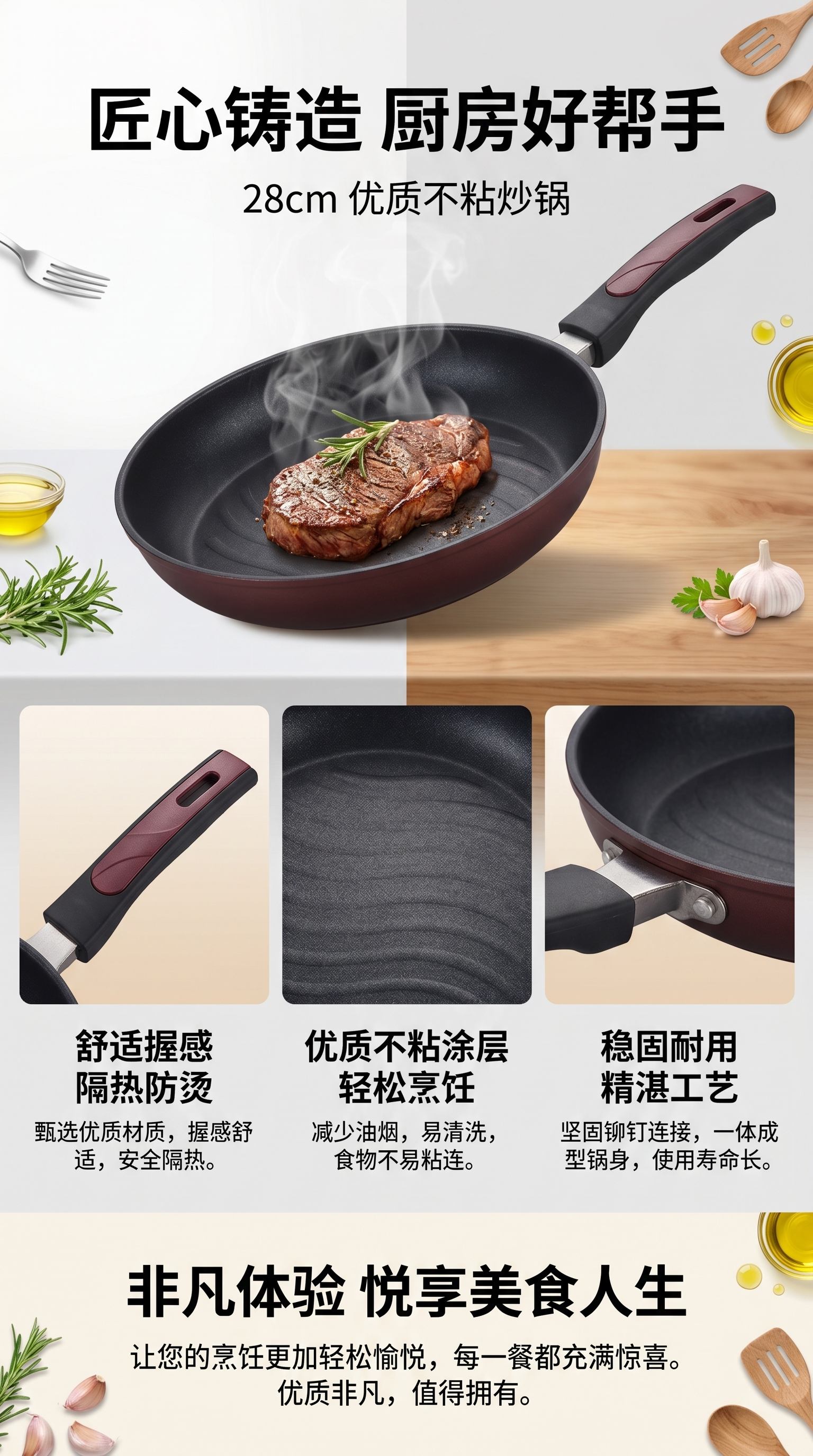 黑色不粘平底锅 家用煎炒锅 28cm 加厚耐磨锅具详情1