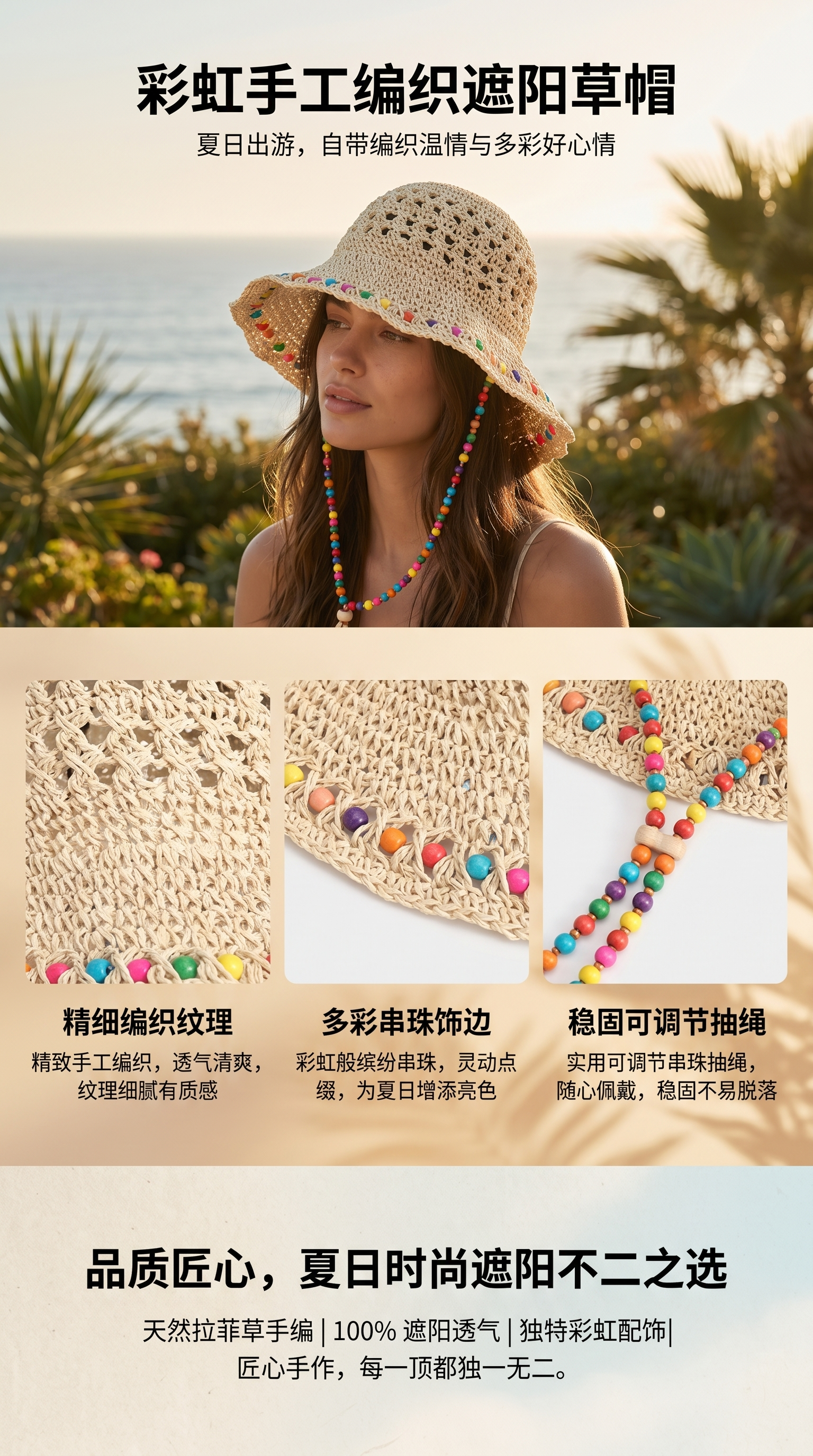 Hyuna style colorful wooden bead straw hat for women, summer seaside with a large hollowed-out brim, sunshade and sun protection hat, foldable fisherman's hat pic 1
