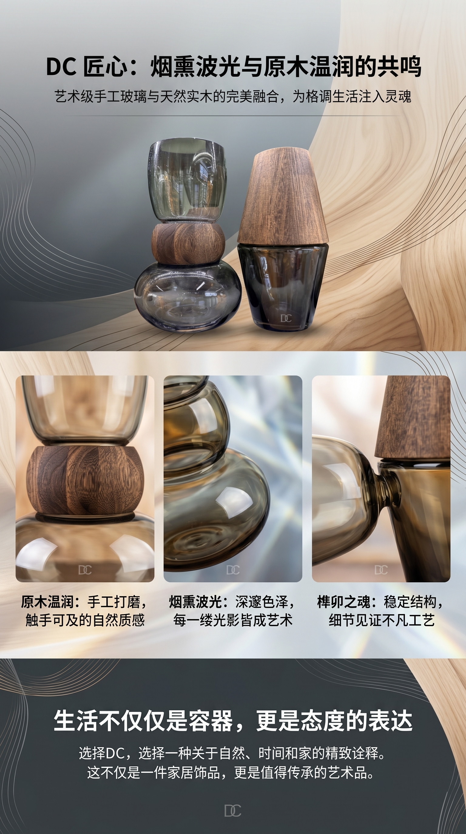 玻璃与木质结合花瓶主体 北欧风家居装饰摆件详情1