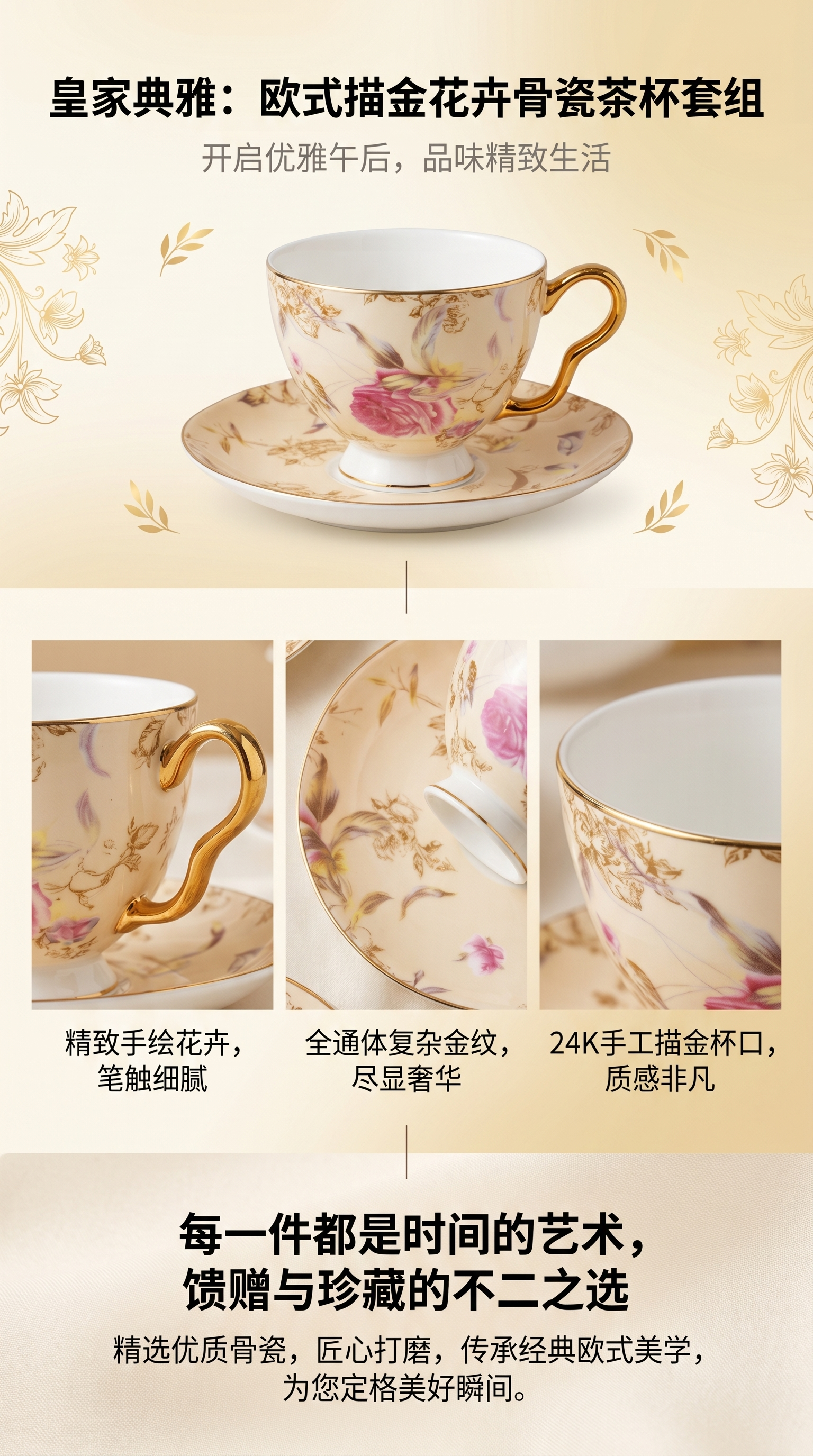 精致花卉图案茶杯和茶托套装 陶瓷家用下午茶配件详情1