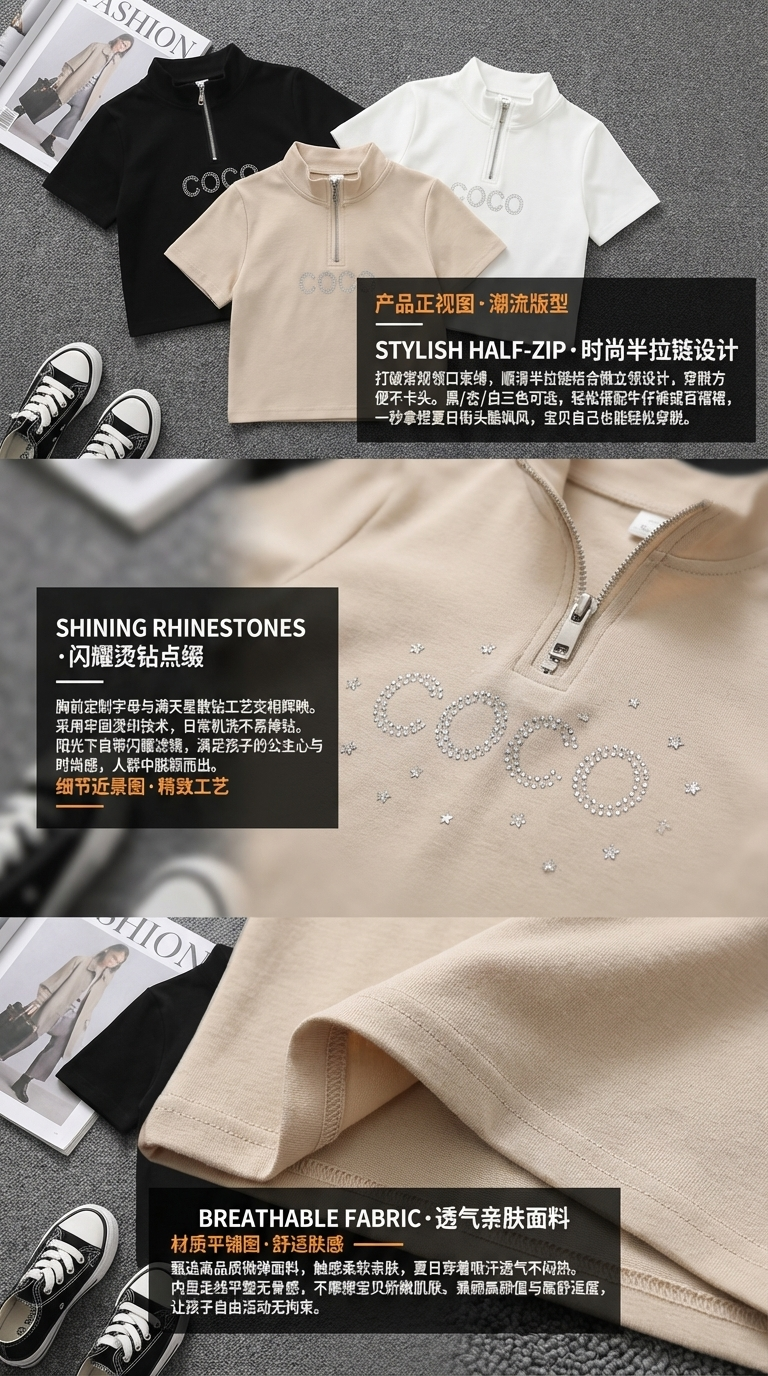 COCO三色短袖T恤拉链打底衫特大码地摊货黑白黑帆布报背景详情2