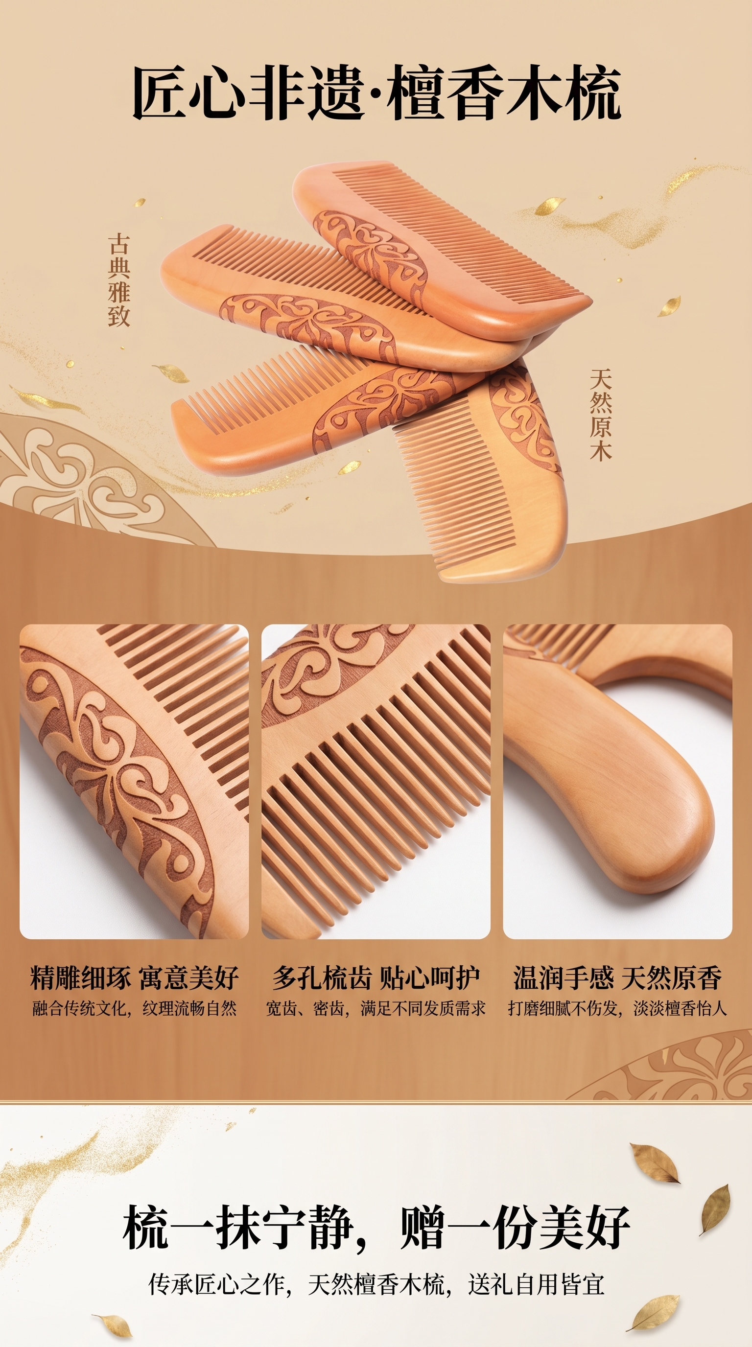 木制梳子天然檀木梳子顺滑护发梳子防静电详情1