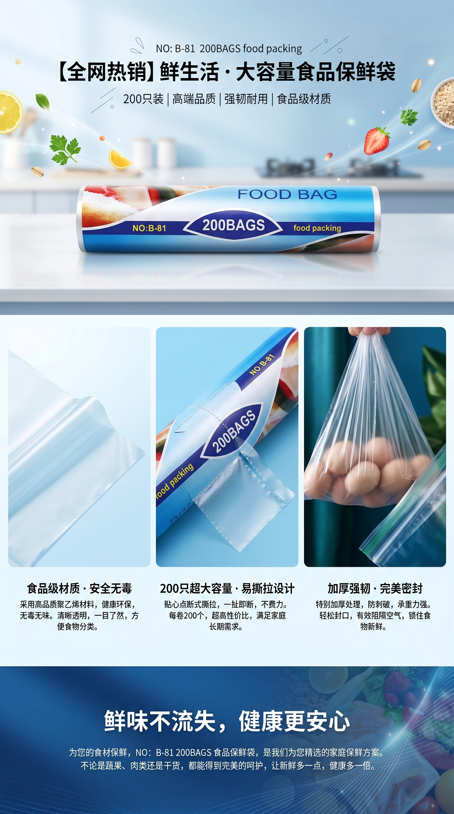 食品级保鲜袋食品保鲜袋塑料保鲜袋食物保鲜膜通用装30CM*40CM详情1