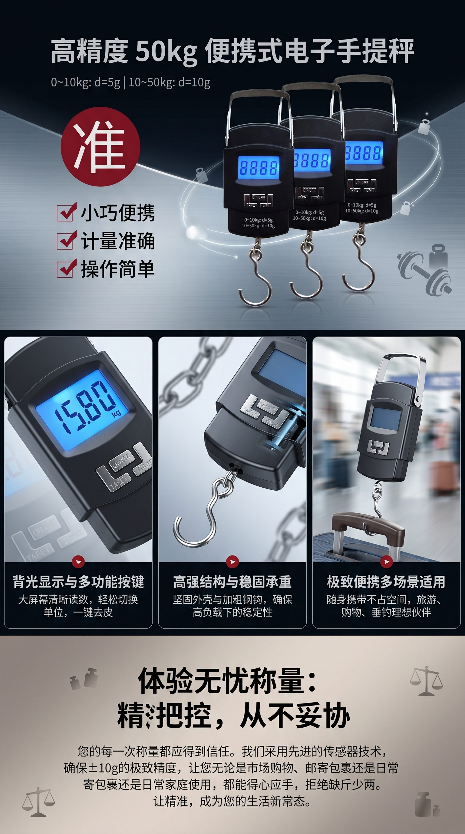 拜杰手提秤厨房电子秤商用快递秤高精度家用便携式行李秤电池款详情1