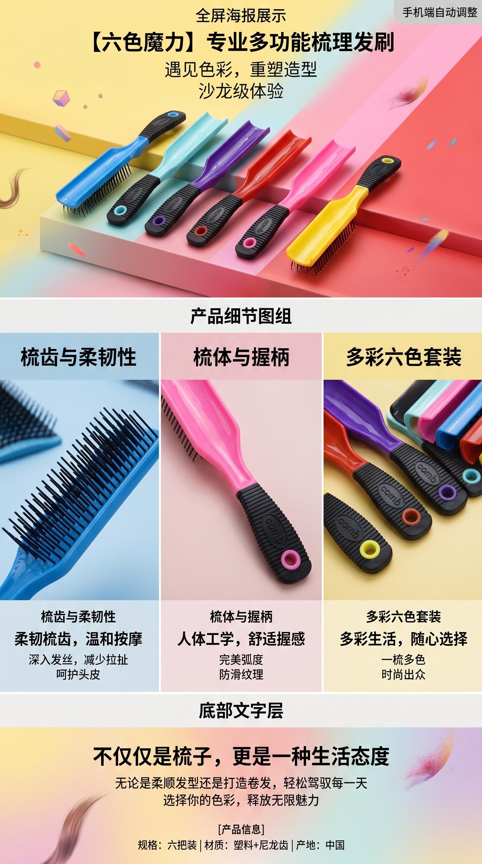 彩色梳子梳子梳头梳理顺滑防静电梳子100齿详情1