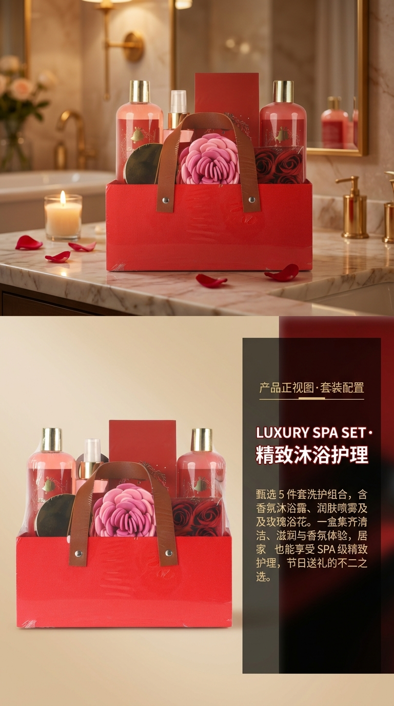 Christmas gift Red Bath gift box set: Body Wash, Perfume, bath salt, bath ball, Scrub (seven-piece set). You can choose your own fragrance type. ODMOEM design, a great gift pic 2