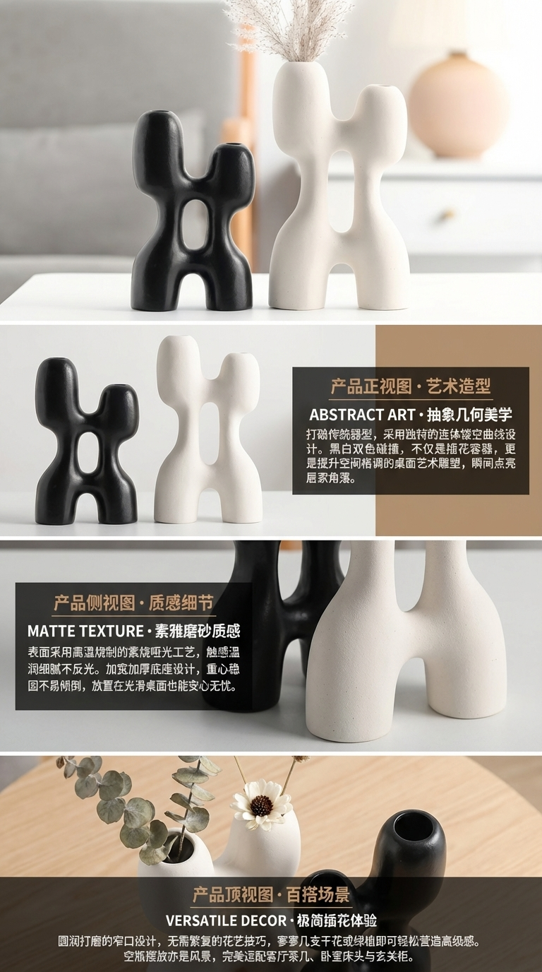 抽象不规则黑白侘寂风陶瓷花瓶现代简约百搭装饰品摆件礼品批发陶瓷陶瓷装饰工艺品陶瓷花瓶详情2
