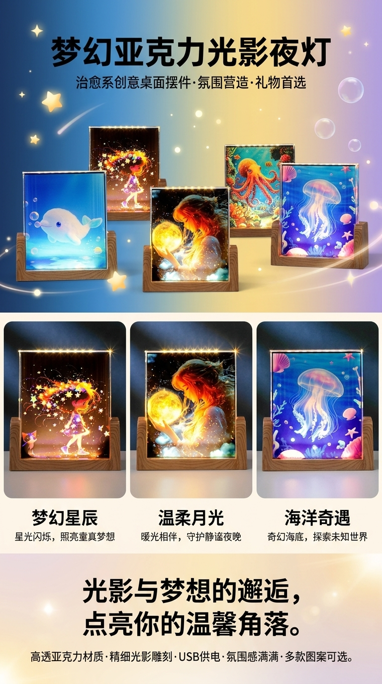 Colorful crystal night lights, diy gifts, creative bedroom desktop home decoration items, ambient lights, starry sky table lamps, glassware pic 1