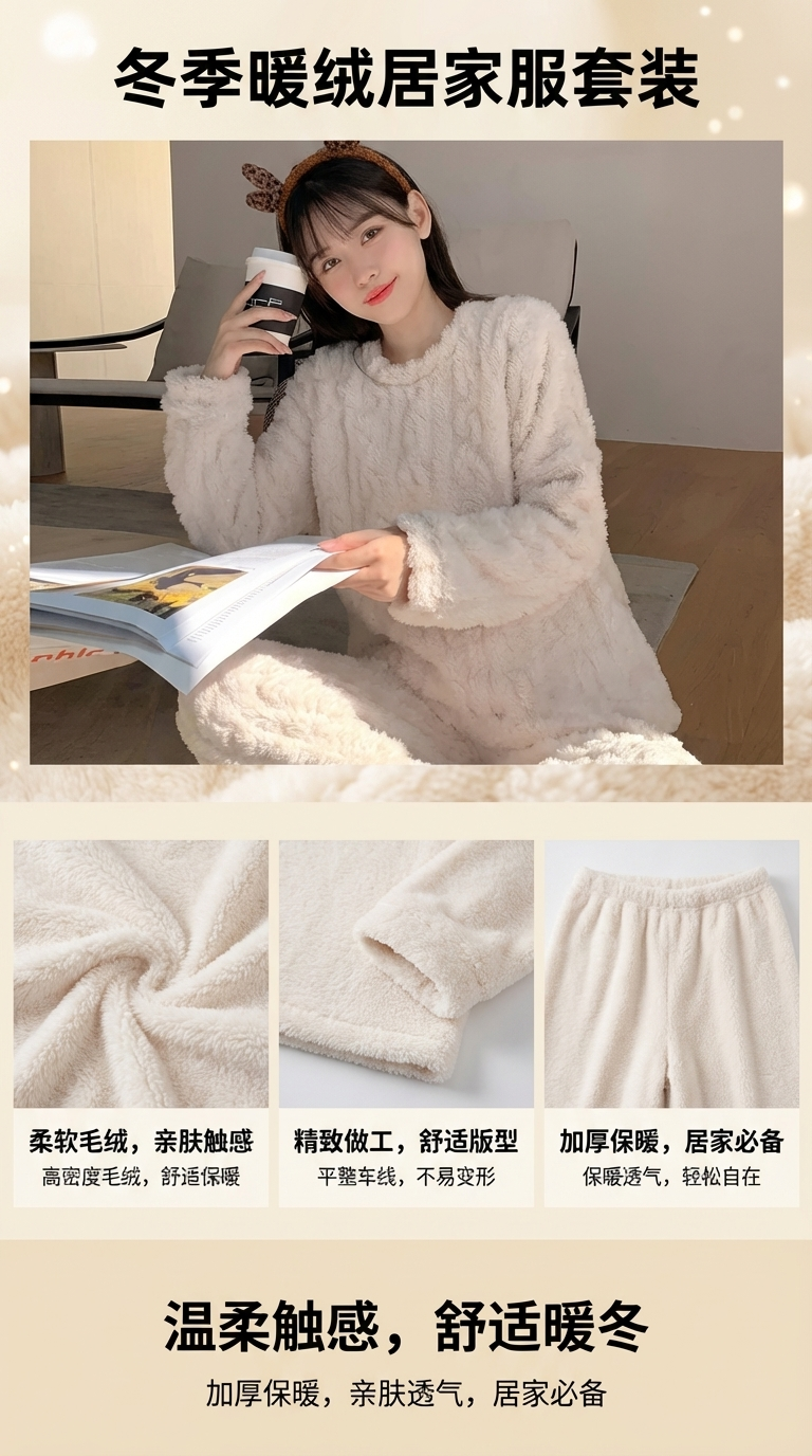 韩版短袖毛绒睡衣女家居服女士睡裤舒适保暖居家穿详情1