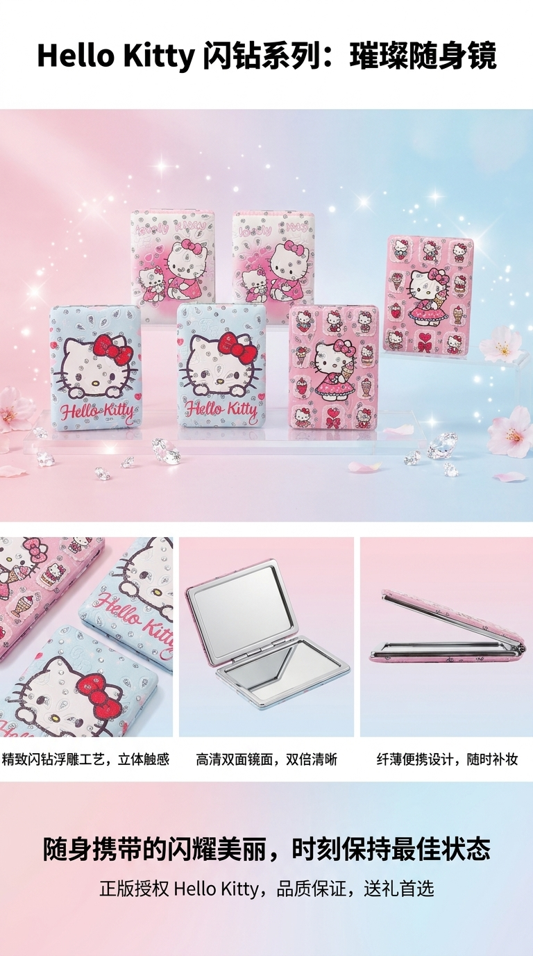 折叠镶钻化妆镜便携式镜子防碎高清双面化妆镜详情1