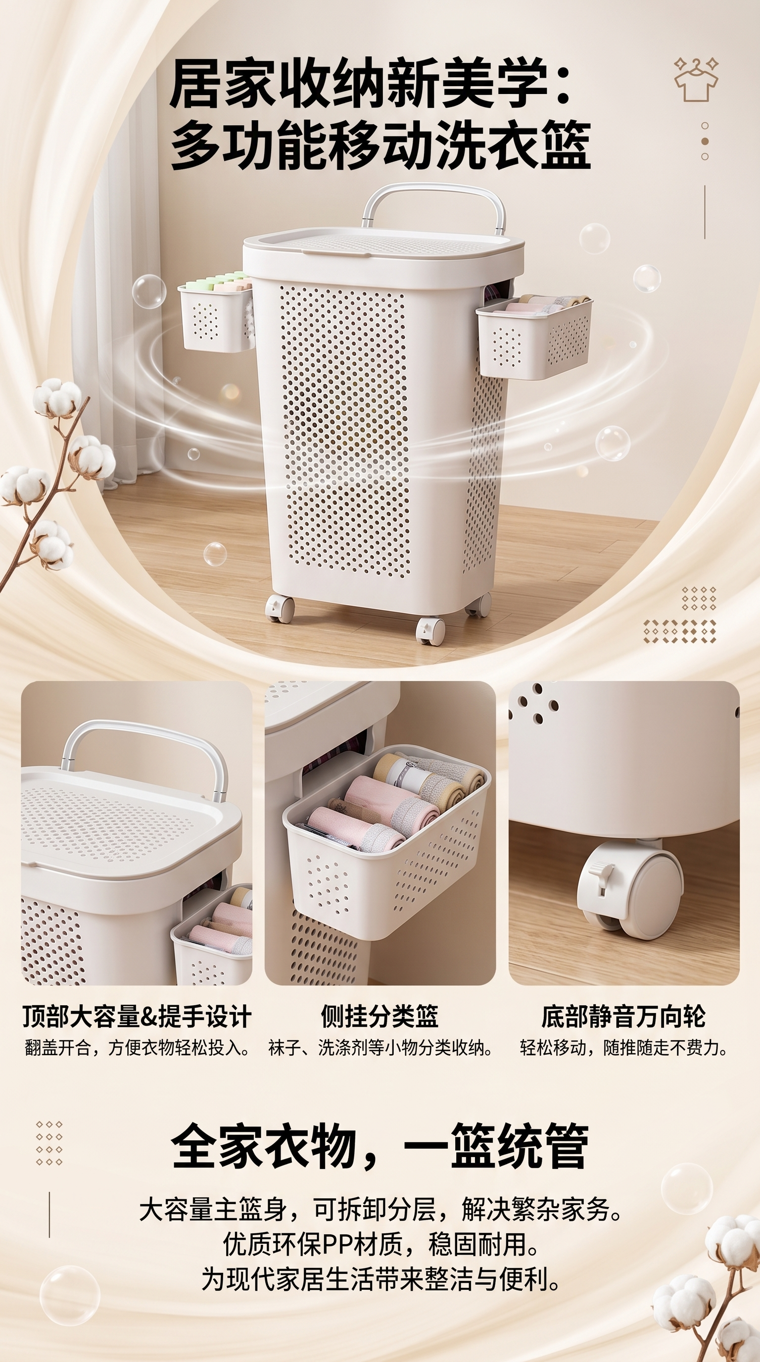 白色带轮洗衣篮 加厚PP材质 可折叠家用收纳篮详情1