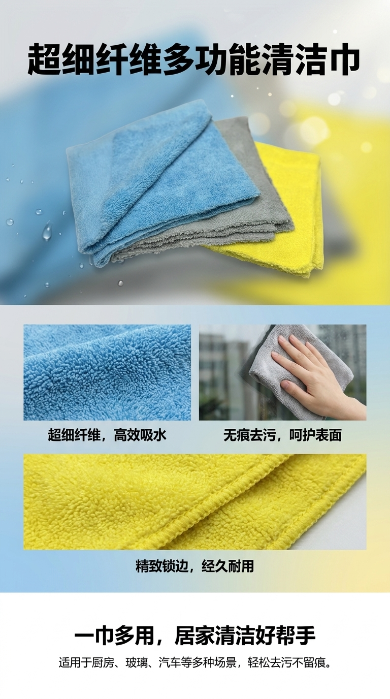 无边双层超细纤维细节巾，多功能清洁抹布，适用于抛光、打蜡、擦拭窗户及玻璃表面，无需用水或冲洗即可使用，也适用于洗车场景详情1