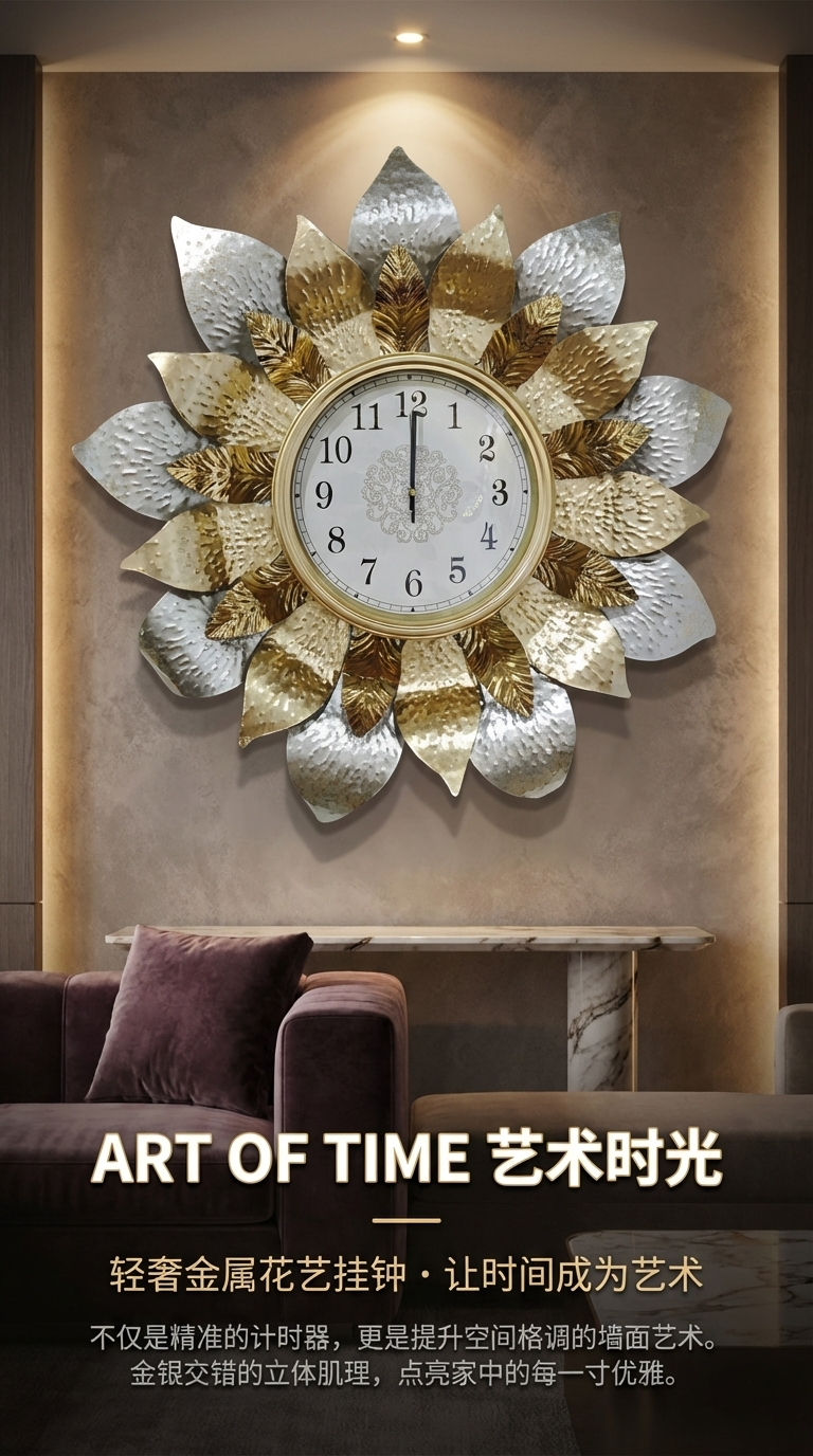 太阳花造型挂钟功能钟表详情1