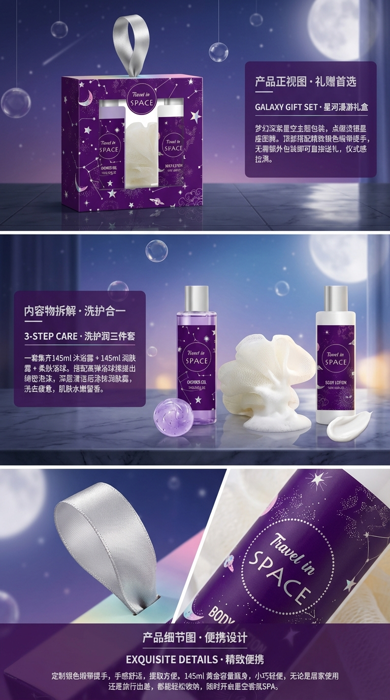 Purple Starry Sky Theme Bath Gift Box Set 200ml Body Wash Body Lotion Bath Ball Combination Set Romantic Gradient Purple hand-held Gift Box Gift Body Wash Set pic 2