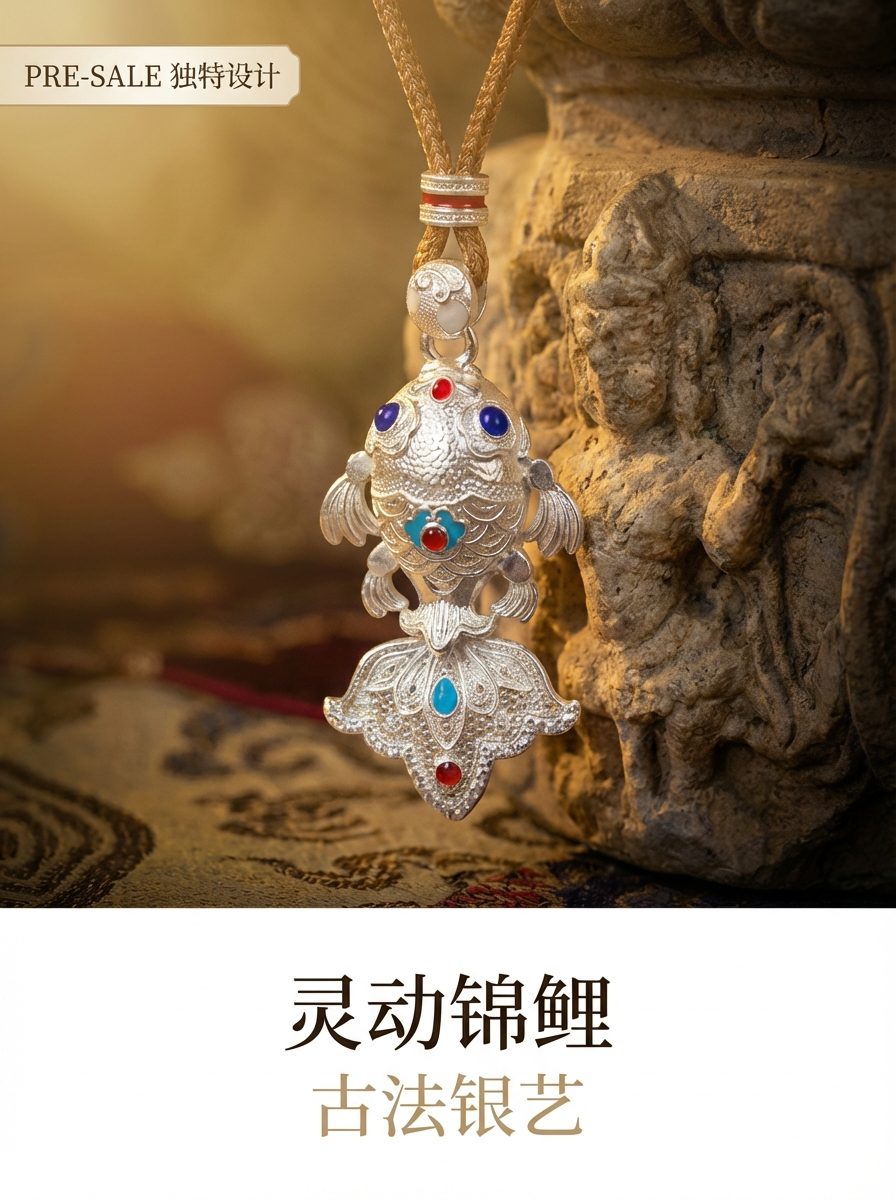 999 silver hand-engraved, hollowed-out three-dimensional carving, fish-shaped pendant jewelry, silver accessory, retro style pic 2