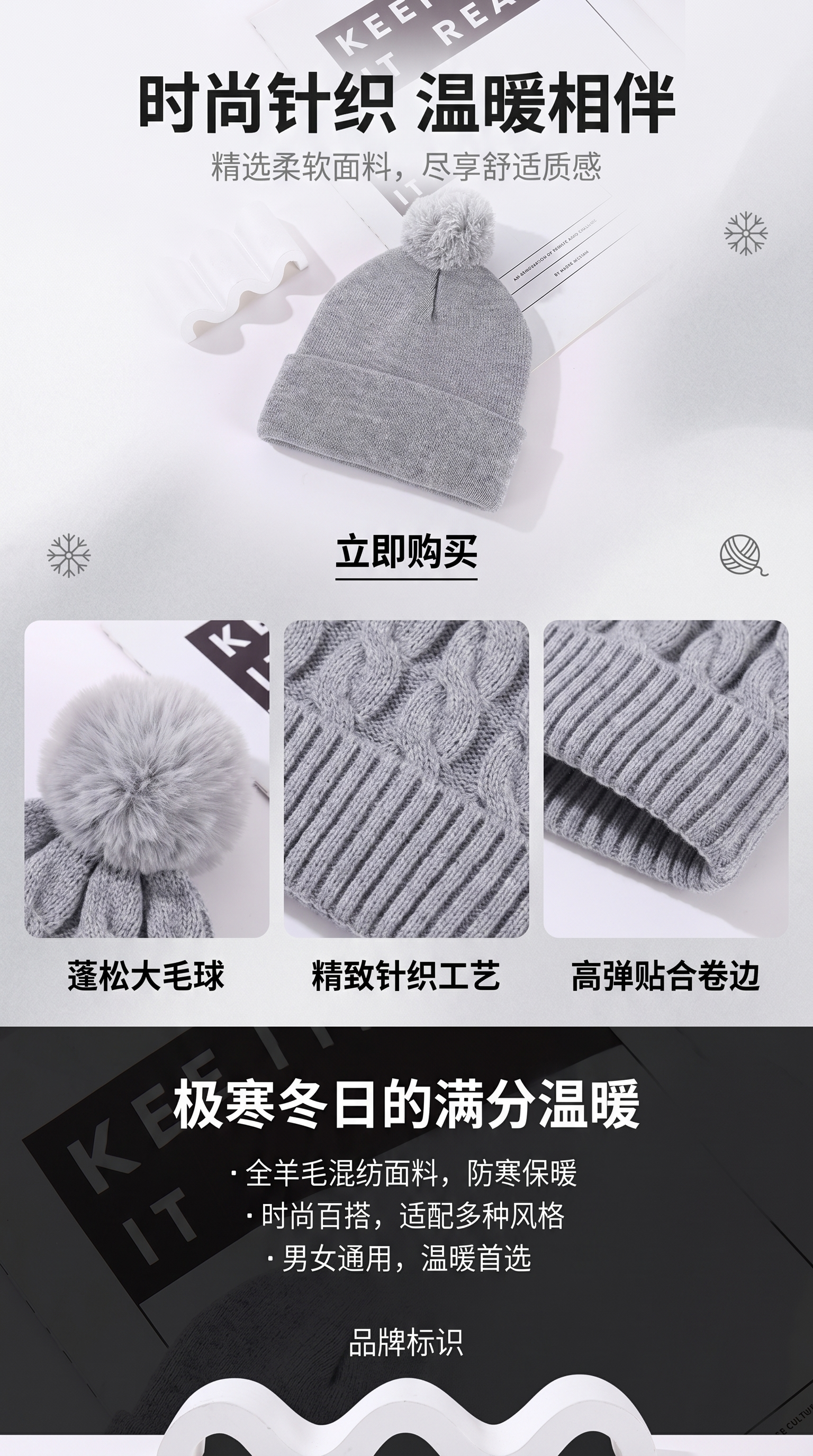 Grey woolen hat, warm knitted, suitable for both men and women in autumn and winter pic 1