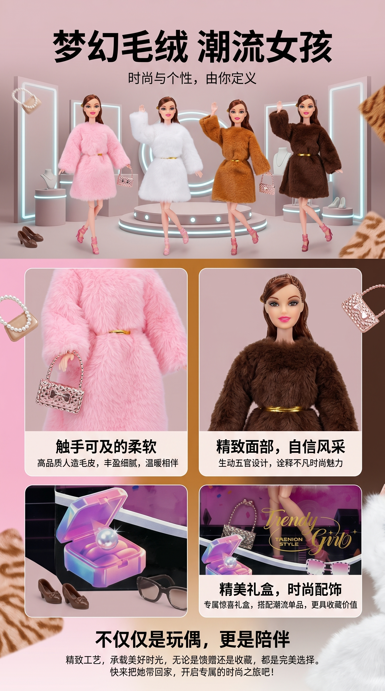 Fashionable dolls come with four different colored plush coats pic 1