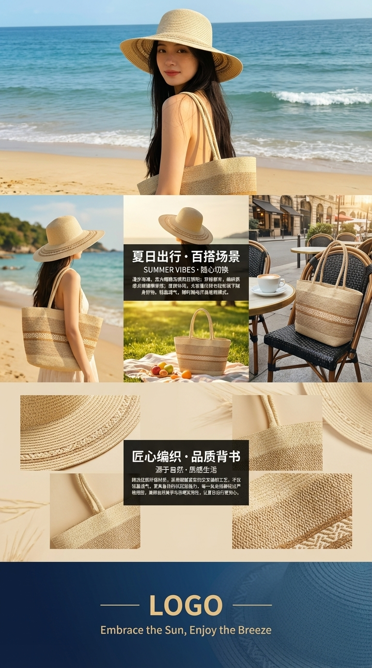 A new cross-border bestseller for women's summer straw-woven beach bag and beach hat set, two-piece set, striped wide-brimmed straw hat, single-shoulder tote bag, urban style, casual vacation, foldable women's bag, straw-woven artistic beach photo shoot pic 3
