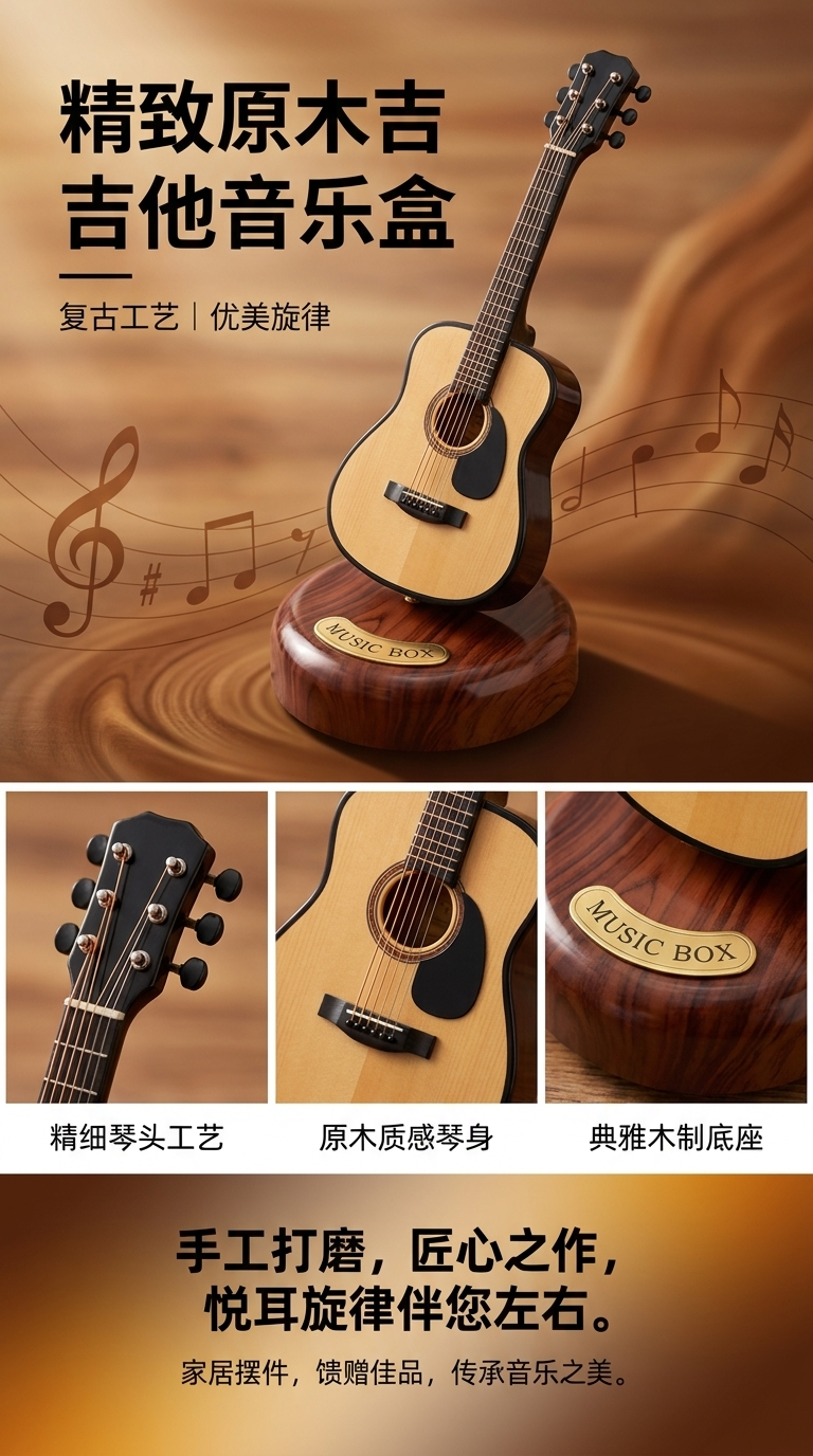 吉他造型音乐盒 悦耳旋律童趣音乐盒经典复古风详情1