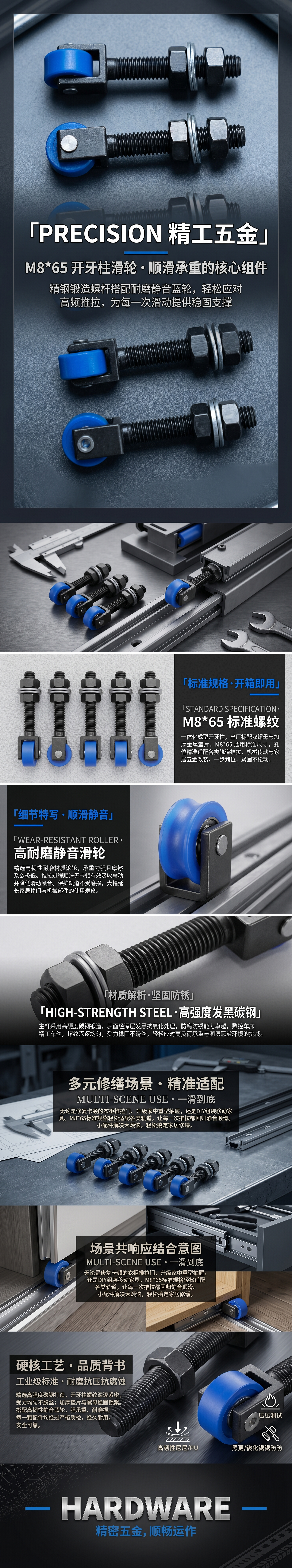 M8*65 thread column black screw assembly with blue rollers pic 1