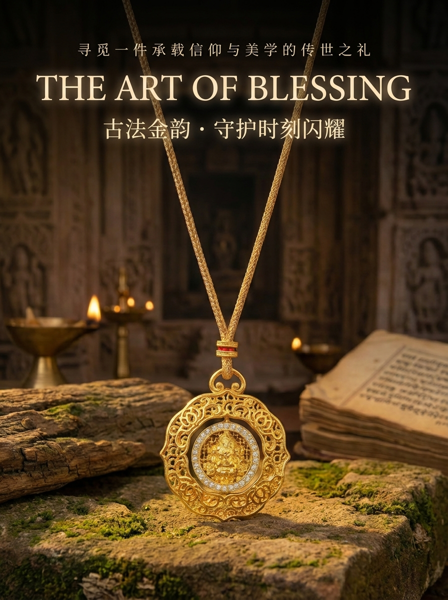 Gold, gold-encased silver, hand-carved ceiling, inlaid chain, flexible and rotatable Buddha statue jewelry for women, short style, simple and fashionable pic 1